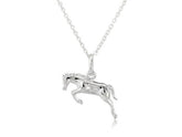 A sterling silver pendant in the shape of a jumping horse, accompanied by an adjustable chain.